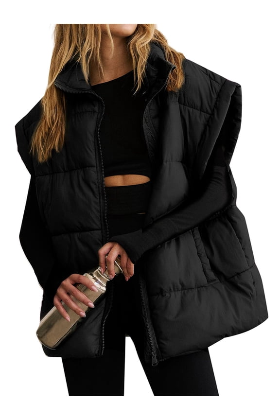 Women Winter Oversized Puffer Vest Light-Weight Stand Collar Sleeveless Padded Puffy Jackets with Pockets Black L