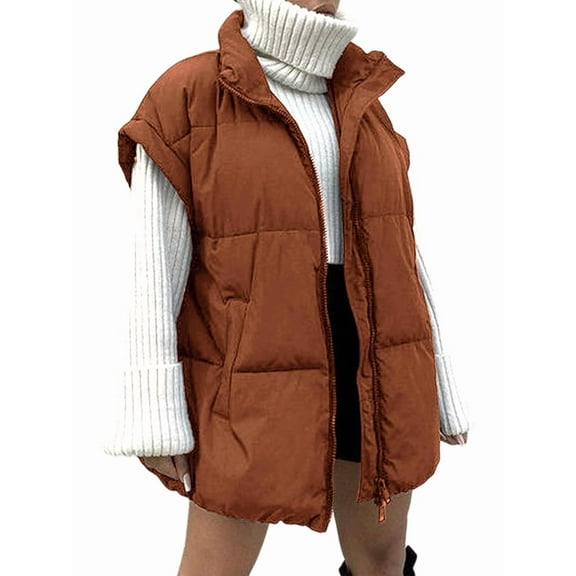 Women Winter Oversized Puffer Vest Light-Weight Stand Collar Sleeveless Padded Puffy Jackets with Pockets Dark Brown L