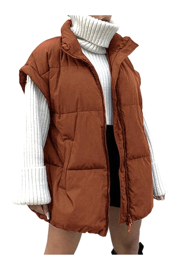 Women Winter Oversized Puffer Vest Light-Weight Stand Collar Sleeveless Padded Puffy Jackets with Pockets Dark Brown M