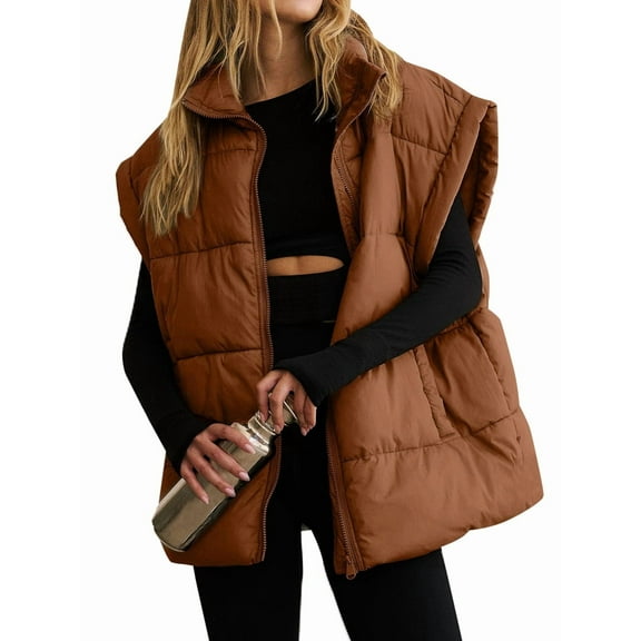 Women Winter Oversized Puffer Vest Light-Weight Stand Collar Sleeveless Padded Puffy Jackets with Pockets Dark Brown S