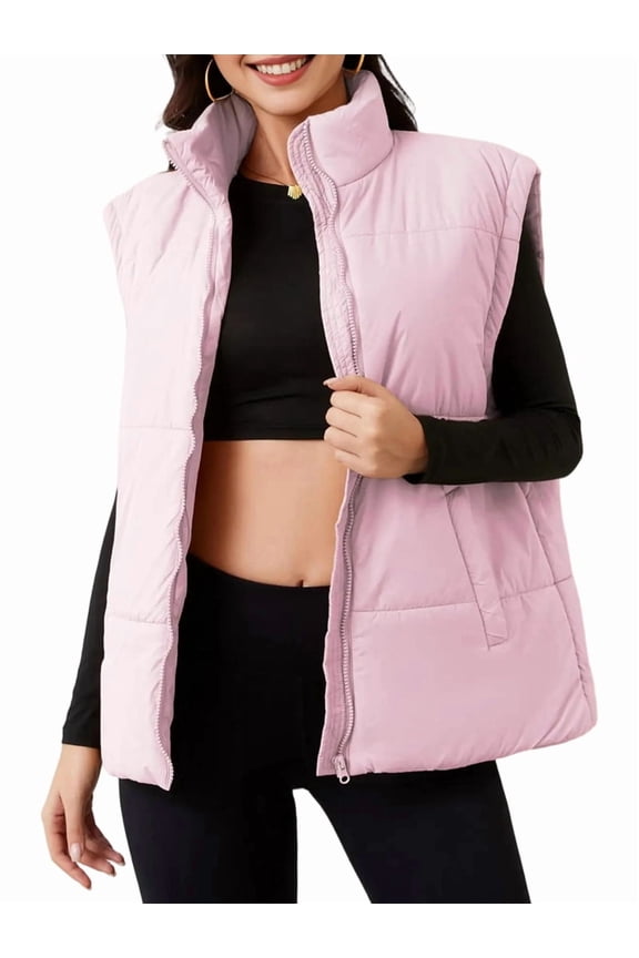 Women Winter Oversized Puffer Vest Light-Weight Stand Collar Sleeveless Padded Puffy Jackets with Pockets Pink XL