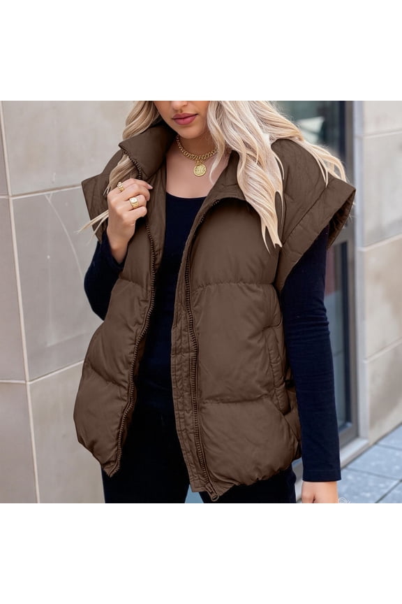 Women Winter Oversized Quilted Vest, Stand Collar Sleeveless Padded Puffy Jackets Coat Outwear Gilet with Pockets Brown M