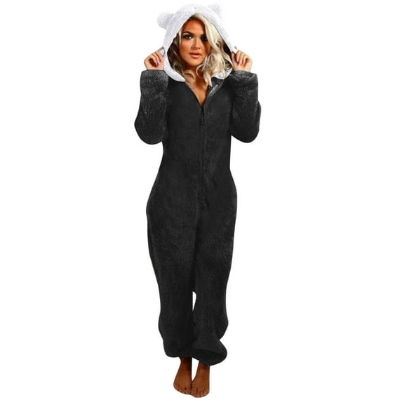 Women Winter Pajama One-piece Warm Thermal Romper Fleece Onesie Zipper Hooded Jumpsuit Sleepwear Playsuit