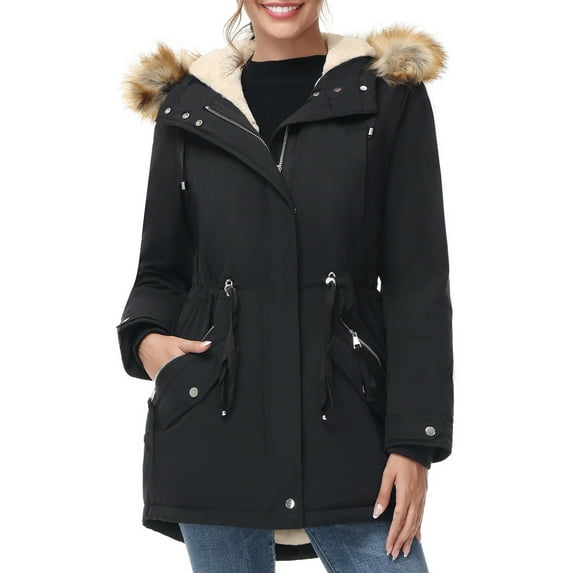 Women Winter Parka Coat, Windproof Women Winter Coat Fleece Lined Long Parka with Faux-Fur Hood (Black, Large)