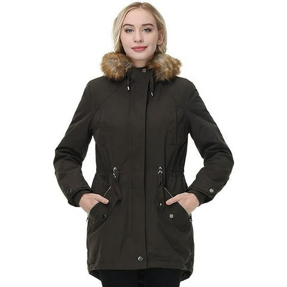 Women Winter Parka Coat, Windproof Women Winter Coat Fleece Lined Long Parka with Faux-Fur Hood (Dark Green, L)