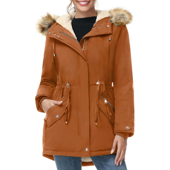 Women's Windproof Winter Parka Coat Fleece Lined with Faux-Fur Hood Long Ginger XS
