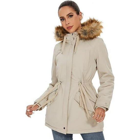 Women Winter Parka Coat, Windproof Women Winter Coat Fleece Lined Long Parka with Faux-Fur Hood (White, L)