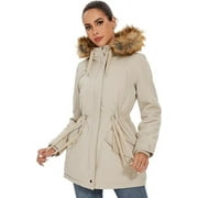 GENERIC Women Winter Parka Coat, Windproof Women Winter Coat Fleece Lined Long Parka with Faux-Fur Hood (White, S)