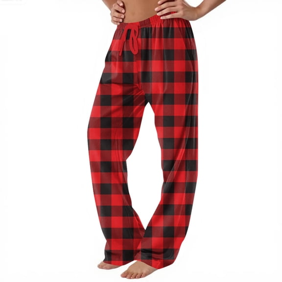 Women Winter Plaid Printed Pants Full Length Long Trousers Sports Pants with Drawstring for Classic and Comfortable Style,Red,M