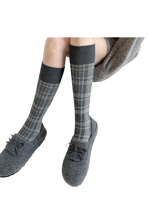 Women Winter Plaids Pattern Over Calf Socks Elegant Ribbed Cuffs Long Socks