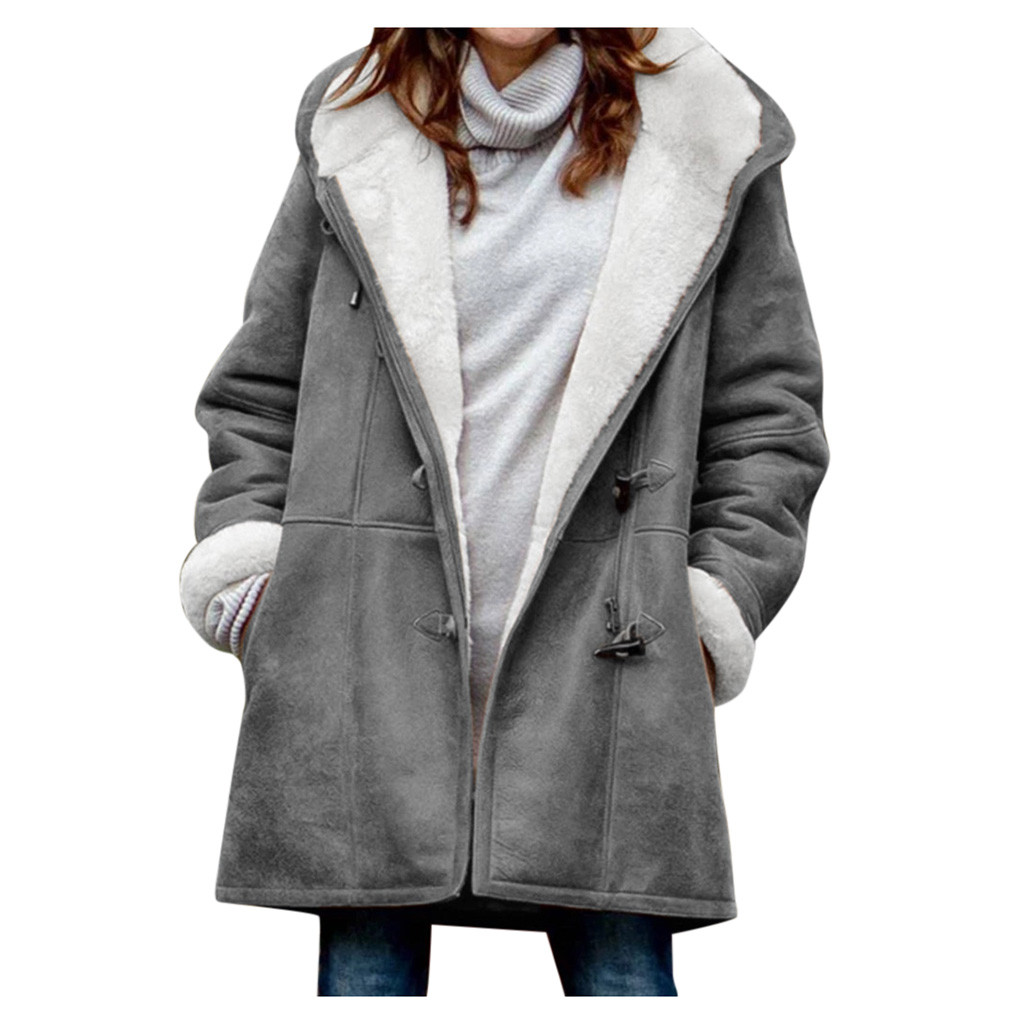 Women Winter Plus Size Solid Plus Velvet Coat Long Sleeve Horn Buckle ...