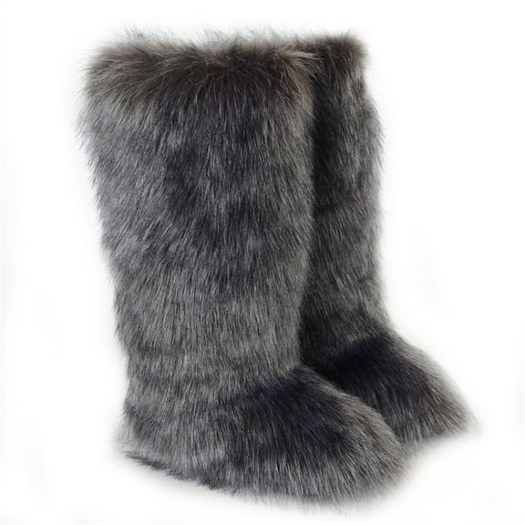 Women Winter Plush Faux Fur Knee High Snow Boots Fluffy Warm Long Boots Outside Big Size