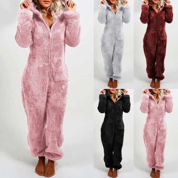 Women Winter Plush Romper Pajamas Long Sleeve Zipper Hooded Thick Warm Jumpsuit
