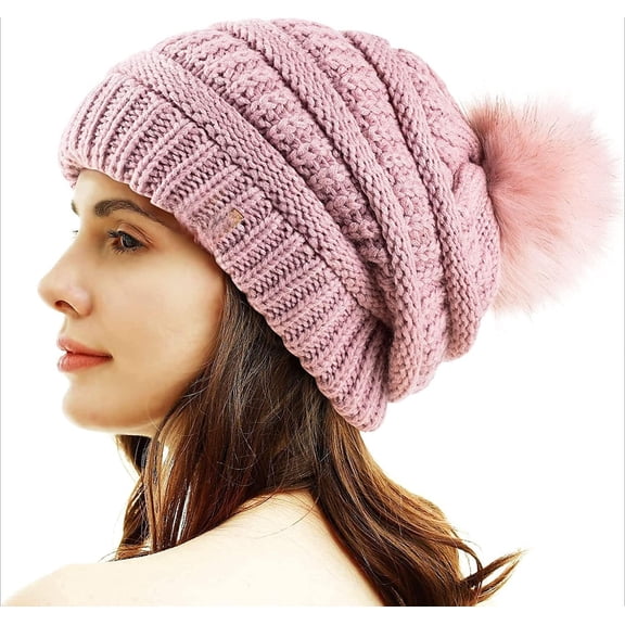 Women Winter Pom Pom Beanie Hat with Warm Fleece Lined