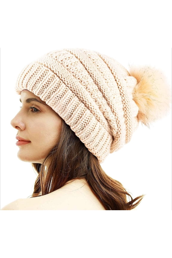 Women Winter Pom Pom Beanie Hat with Warm Fleece Lined