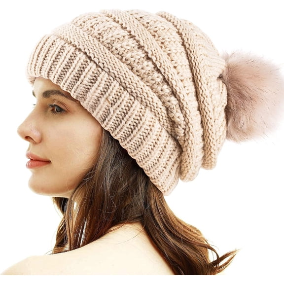 Women Winter Pom Pom Beanie Hat with Warm Fleece Lined