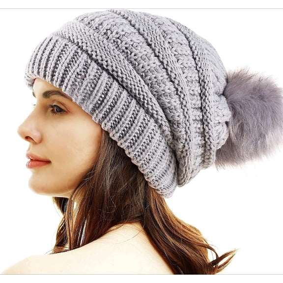 Women Winter Pom Pom Beanie Hat with Warm Fleece Lined
