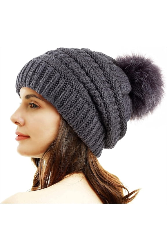 Women Winter Pom Pom Beanie Hat with Warm Fleece Lined