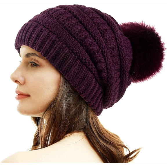 Women Winter Pom Pom Beanie Hat with Warm Fleece Lined