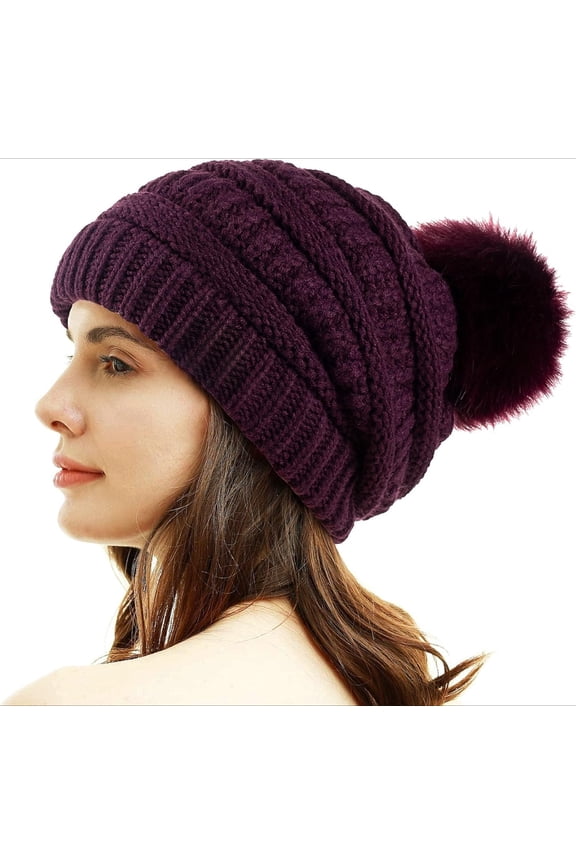 Women Winter Pom Pom Beanie Hat with Warm Fleece Lined