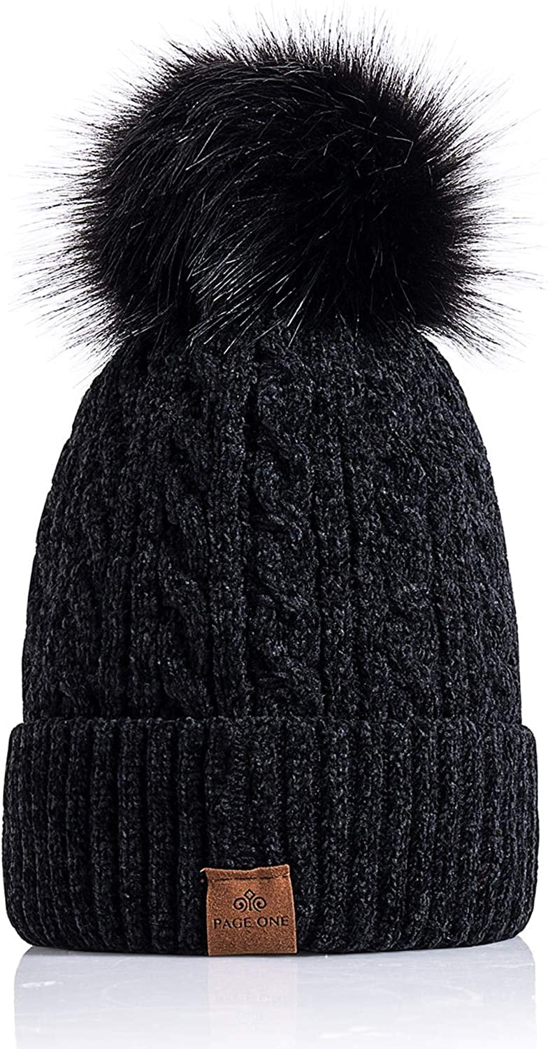 4-10 Knit Fleece Twist Hats Trendy Cap Cute Years Lined Pom Chenille Purple Winter Women Warm Pom Beanie Chunky