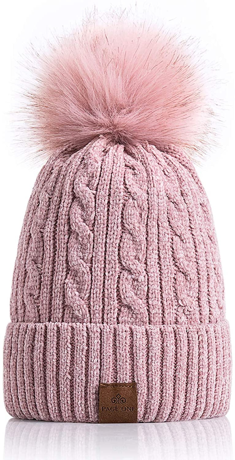 Women Winter Pom Hats Cute Lined Beanie Warm 4-10 Fleece Purple Knit Twist Pom Trendy Cap Years Chenille Chunky