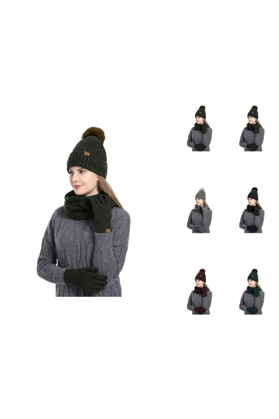Women Winter Pom Pom Knit Hat Neck Warmer Gloves Set Thick Lined 3PCS Warm Cozy Outdoor Snow Cold Weather Gear Stylish Cable Knit Accessories for Travel Daily Wear – Stocking Stuffers Ski