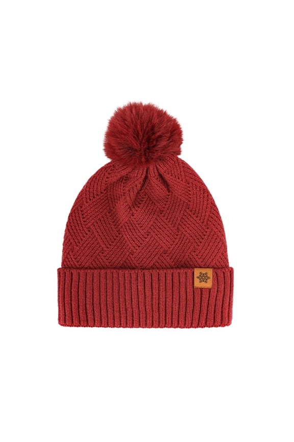 Women Winter Pompom Beanie Hat with Warm Lined Cable Pom Pom Beanie Hat Skull Cap Red