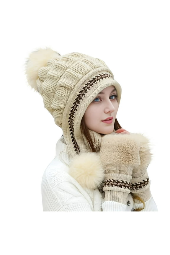 Women Winter Pompom Beanie Hat With Warm Thick Hats Gloves Set Beige