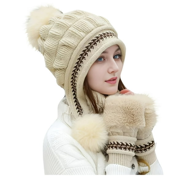 ZQUUVOU Women Winter Pompom Beanie Hat With Warm Thick Hats Gloves Set Beige
