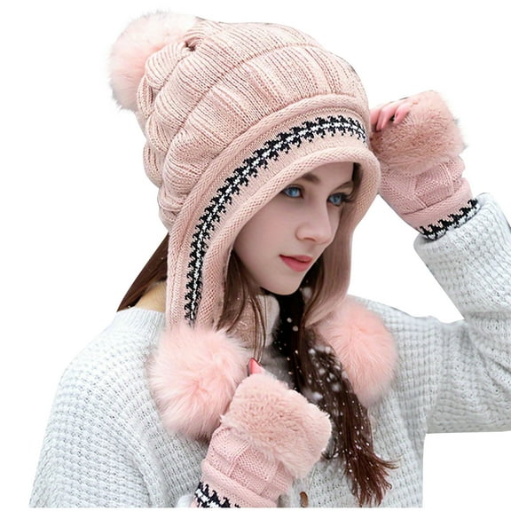 Women Winter Pompom Beanie Hat With Warm Thick Hats Gloves Set Pink