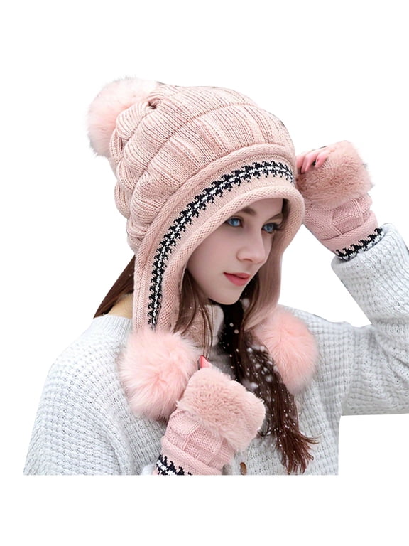 Women Winter Pompom Beanie Hat With Warm Thick Hats Gloves Set Pink