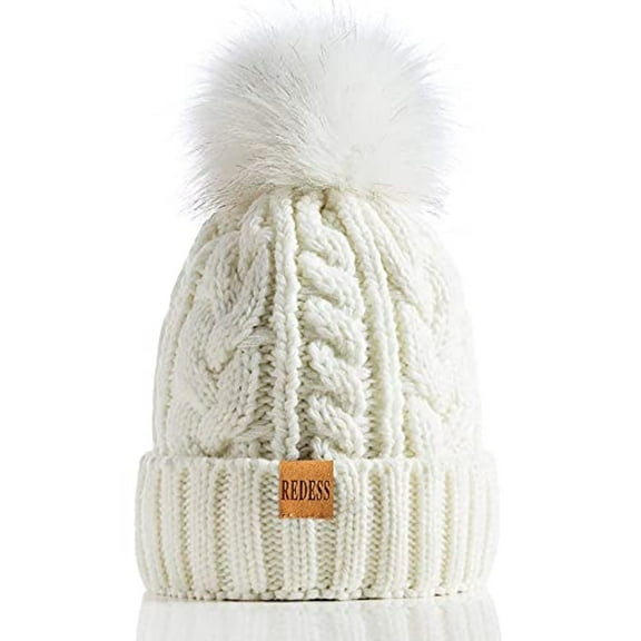 Women Winter Pompom Beanie Hat with Warm Fleece Lined, Thick Slouchy Knit Skull Ski Cap-White