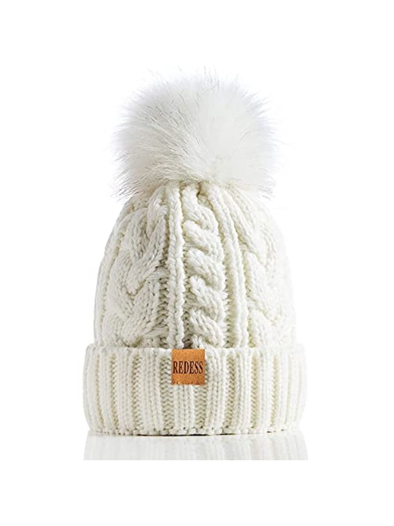 Women Winter Pompom Beanie Hat with Warm Fleece Lined, Thick Slouchy Knit Skull Ski Cap-White
