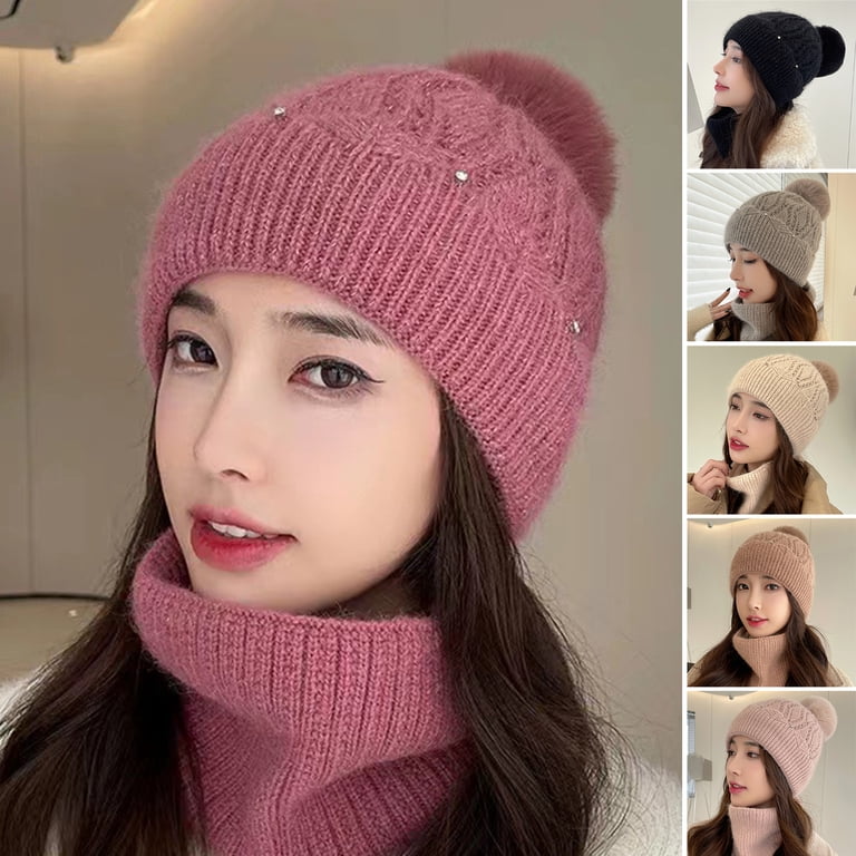 Women\'s Winter Dark Pink Beanie Fleece Lined Skull Faux Fur Pom Cuff Hat Cap C.C. Beanie Hat Skull Cap Salmon Pink Fuzzy Faux Fur Pom  main image 3