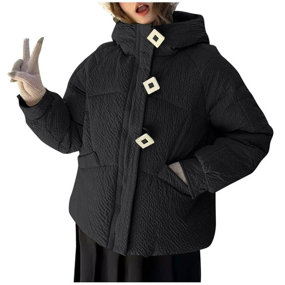Women Winter Puffer Coat Heavyweight Thick Warm Hooded Jacket with Pocket Button Full Zip Windproof Overcoat (L, Black)