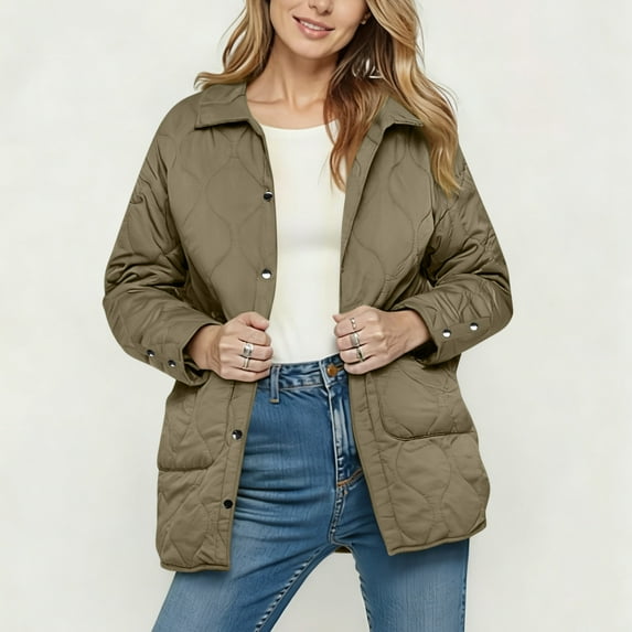 Women Winter Puffer Jacket Lightweight Snap Button Quilted down Outerwear Long Sleeve Warm Coat with Pockets New Lightweight Outerwear for Women Khaki L