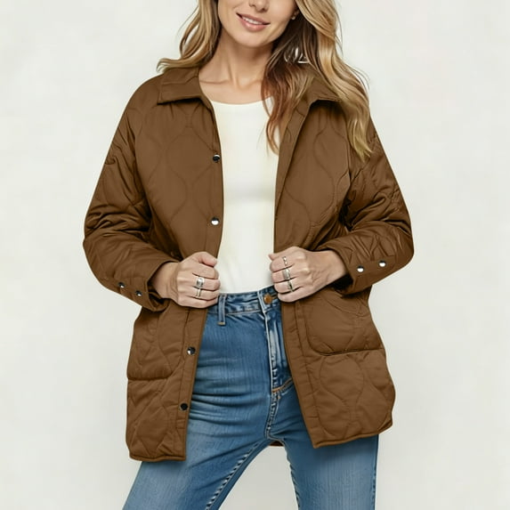 Women Winter Puffer Jacket Lightweight Snap Button Quilted down Outerwear Long Sleeve Warm Coat with Pockets New Womens Jackets Casual Dressy Coffee L