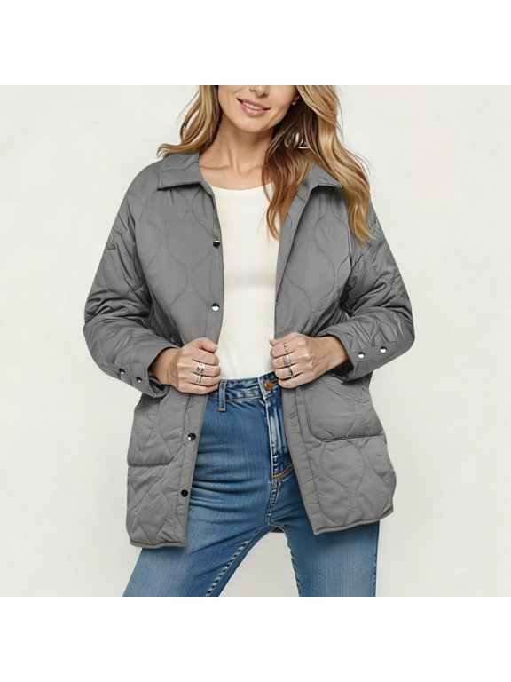 Women Winter Puffer Jacket Lightweight Snap Button Quilted down Outerwear Long Sleeve Warm Coat with Pockets New Women Jackets Fashion Gray XL