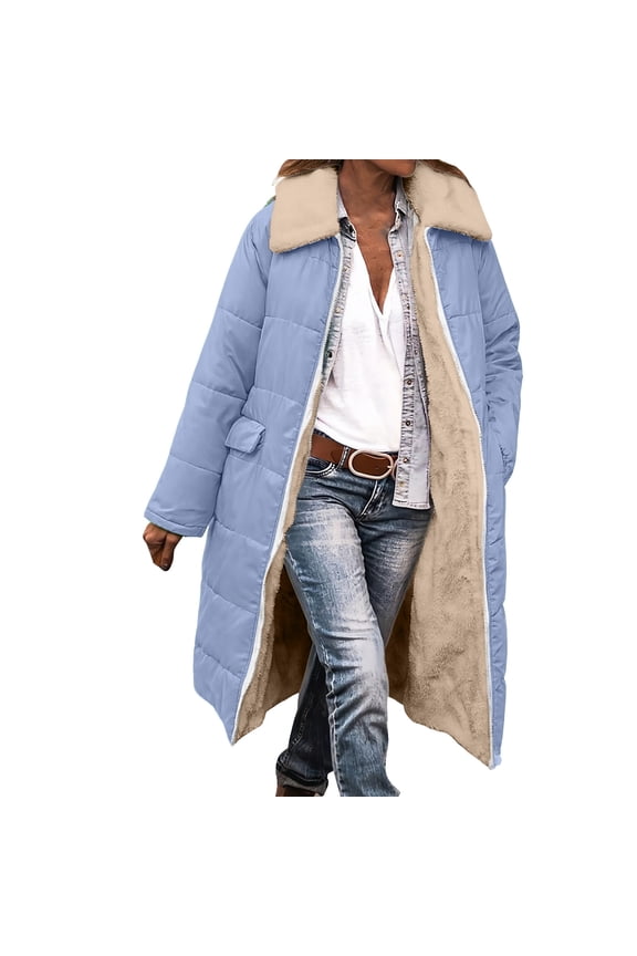 Women Winter Puffer Jacket Reversible Shearling Fleece Lined Coat Zip Sherpa Parka Outerwear Padded Long Jackets with Pockets