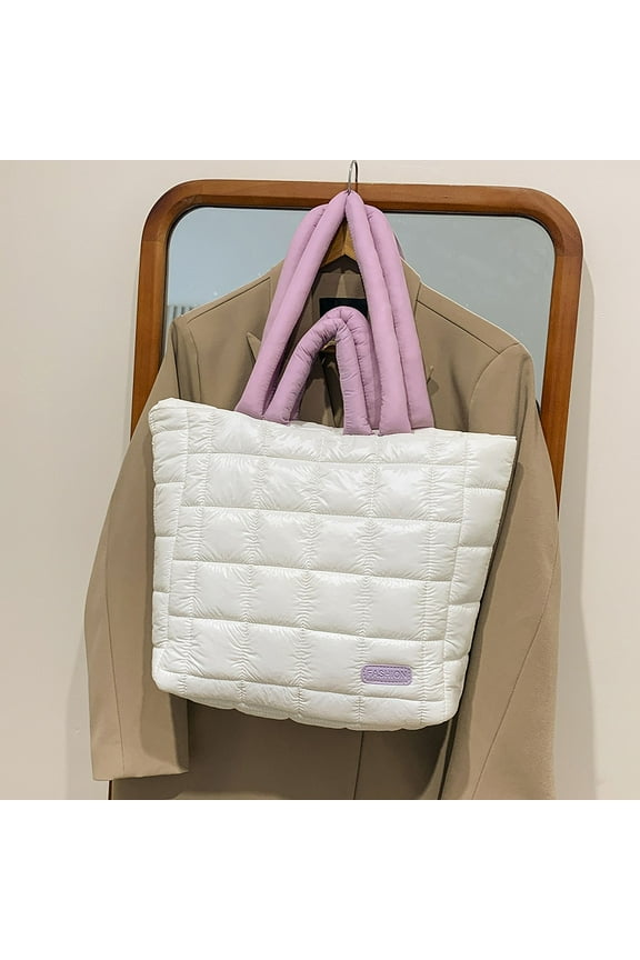 Women Winter Puffer Shoulder Bag Large Handbag Bag Top Handle Tote Bag, White
