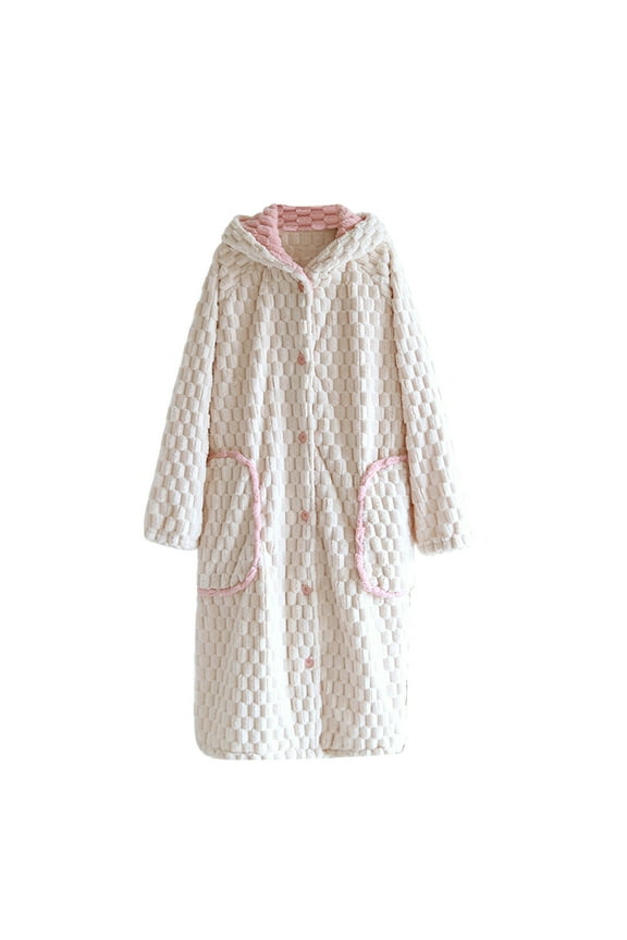 Women Winter Robe Hooded Quilted Long Sleeve Warm Fleece Bathrobe Loungewear Cozy Sleepwear with Pockets