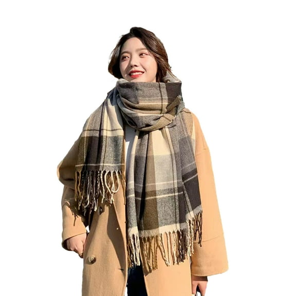 Women Winter Scarf Color Matching Tassel Wide Long Plaid Print Thick Sock Warm Windproof Decorative Washable Lady Neck Wrap Shawl