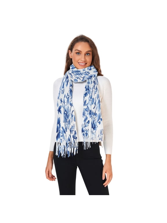 Women Winter Scarves Fashion Pashmina Shawl Wraps Long Blanket Scarf for Fall Spring Blue and White Porcelain Floral