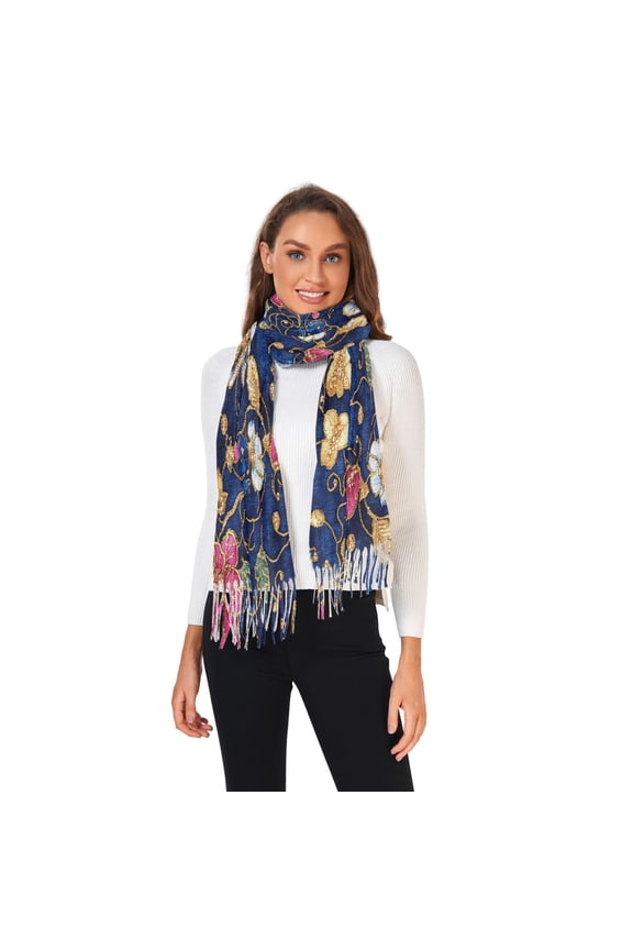 Women Winter Scarves Fashion Pashmina Shawl Wraps Long Blanket Scarf for Fall Spring Colorful Embroidered Flower