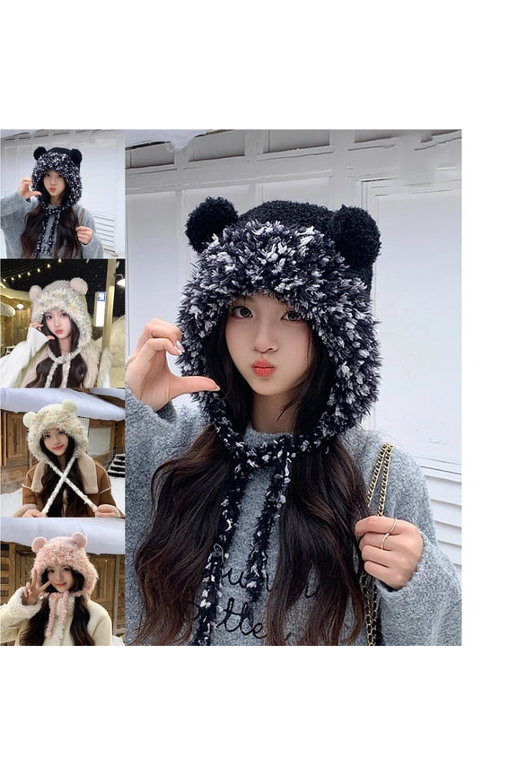 Women Winter Sherpa Beanie Hats Knit Ear Flap Fleece Lined Peruvian Ski Snow Cap Warm Covering Ears Ponytail Hat Black Free