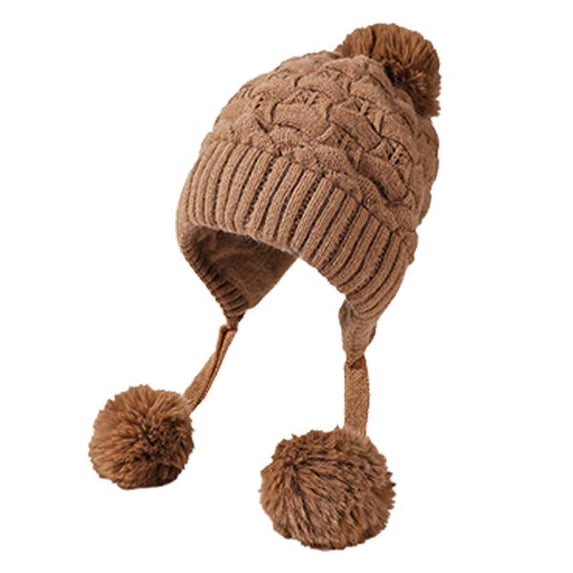 Women Winter Sherpa Beanie Hats Knit Ear Flaps Peruvian Cover Ears Fleece Lined Fluffy Ski Snow Hat 3 Pompoms