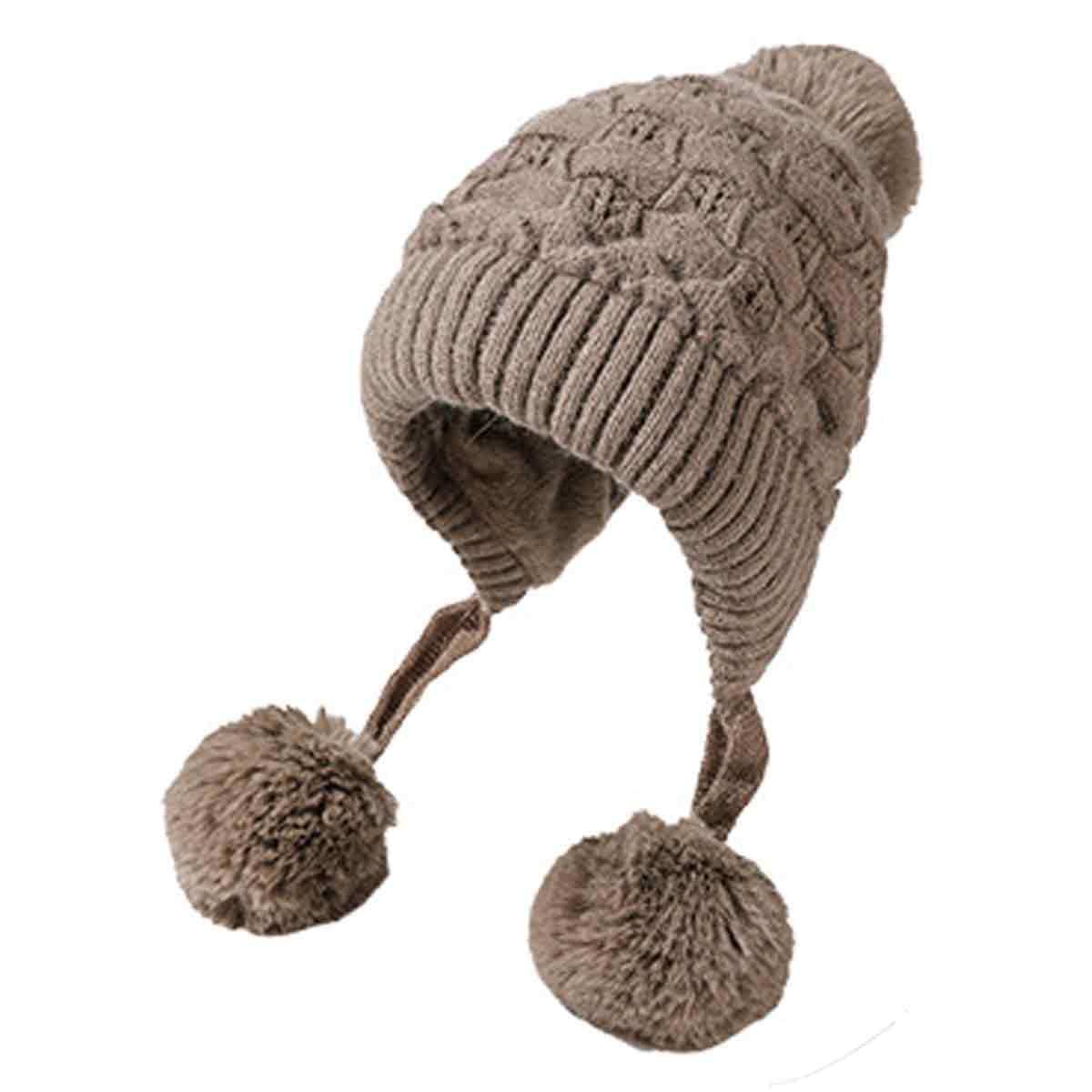 Women Winter Sherpa Beanie Hats Knit Ear Flaps Peruvian Cover Ears Fleece Lined Fluffy Ski Snow Hat 3 Pompoms