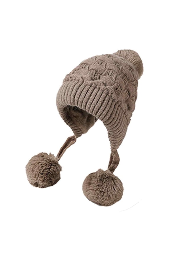Women Winter Sherpa Beanie Hats Knit Ear Flaps Peruvian Cover Ears Fleece Lined Fluffy Ski Snow Hat 3 Pompoms