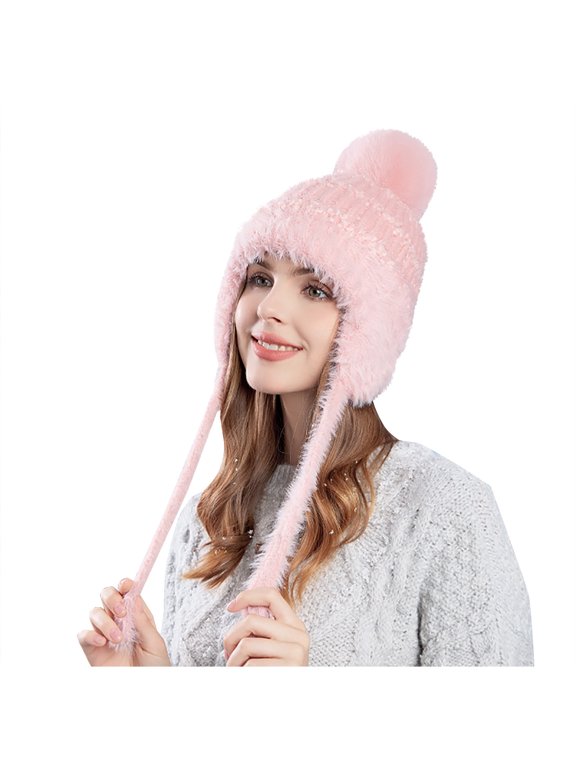 Women Winter Sherpa Beanie Hats Knit Ear Flaps Peruvian Cover Ears Fleece Lined Ski Snow Hat Pompom Outdoor Cold Protection Warm Large Plus Velvet Ear Protection Knitted Wool Hat